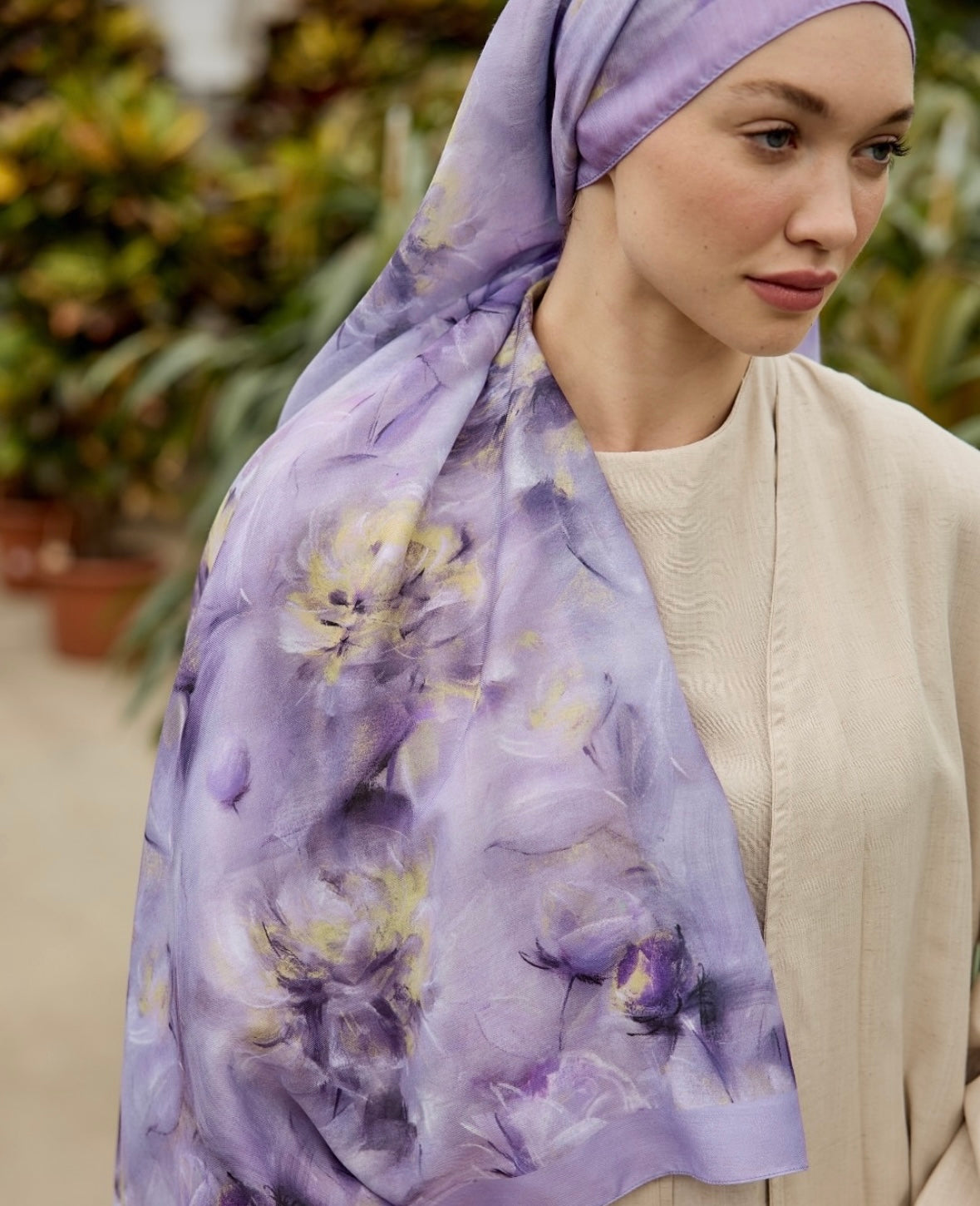 Flower Desen İpeksi Şal Mor-Sarı