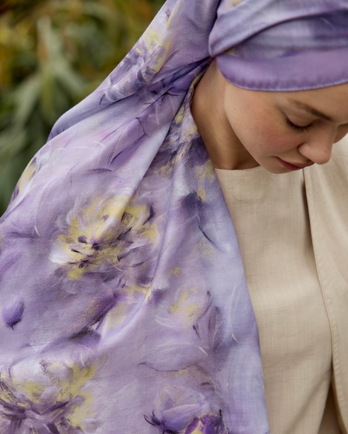 Flower Desen İpeksi Şal Mor-Sarı